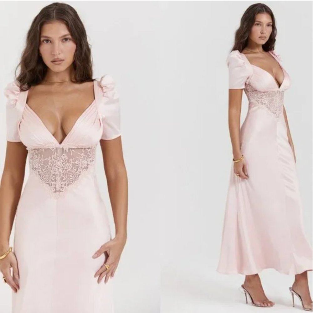 House of CB 'Rafaela' Soft Peach Pure Silk & Lace Dress NWOT size L